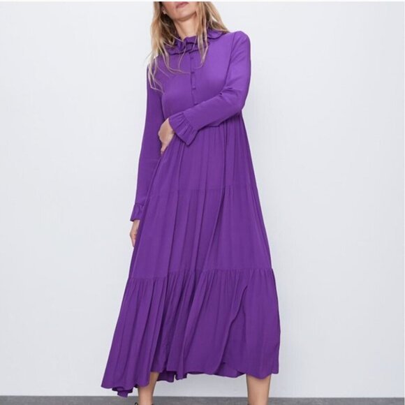 ZARA WOMEN FLOWING PURPLE LONG DRESS WITH RUFFLES SIZE XS NEW WITH TAG! - Picture 10 of 12